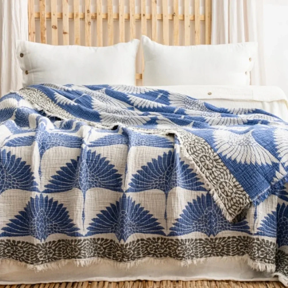 Modern Woven Birds in Flight Cranes Blue Gray KING Bedspread 2 Side FLiPSiDE NEW - Picture 8 of 16